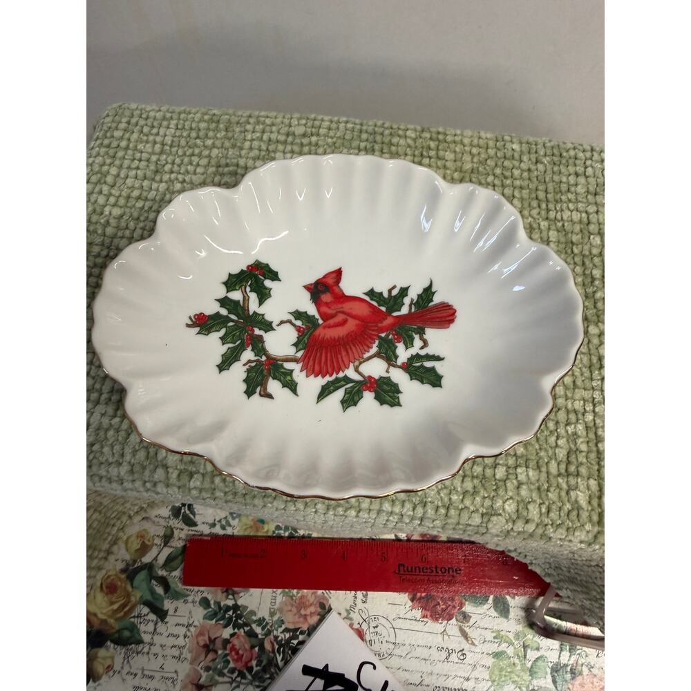 Vintage Lefton Cardinal Dish Christmas Holly Hand Painted Gold Trim